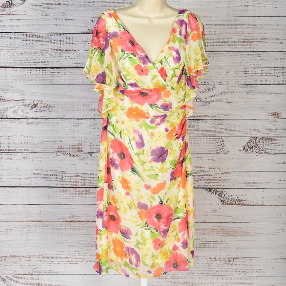 Ralph Lauren V-Neck Chiffon Faux Wrap Boho Chic Floral Dress Size 8